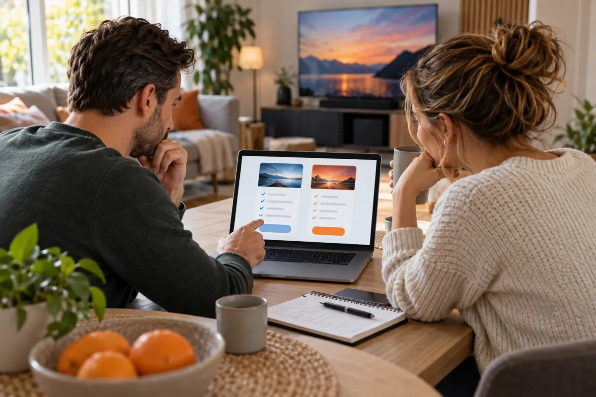 Twee volwassenen vergelijken algemene abonnementspagina’s op een laptop